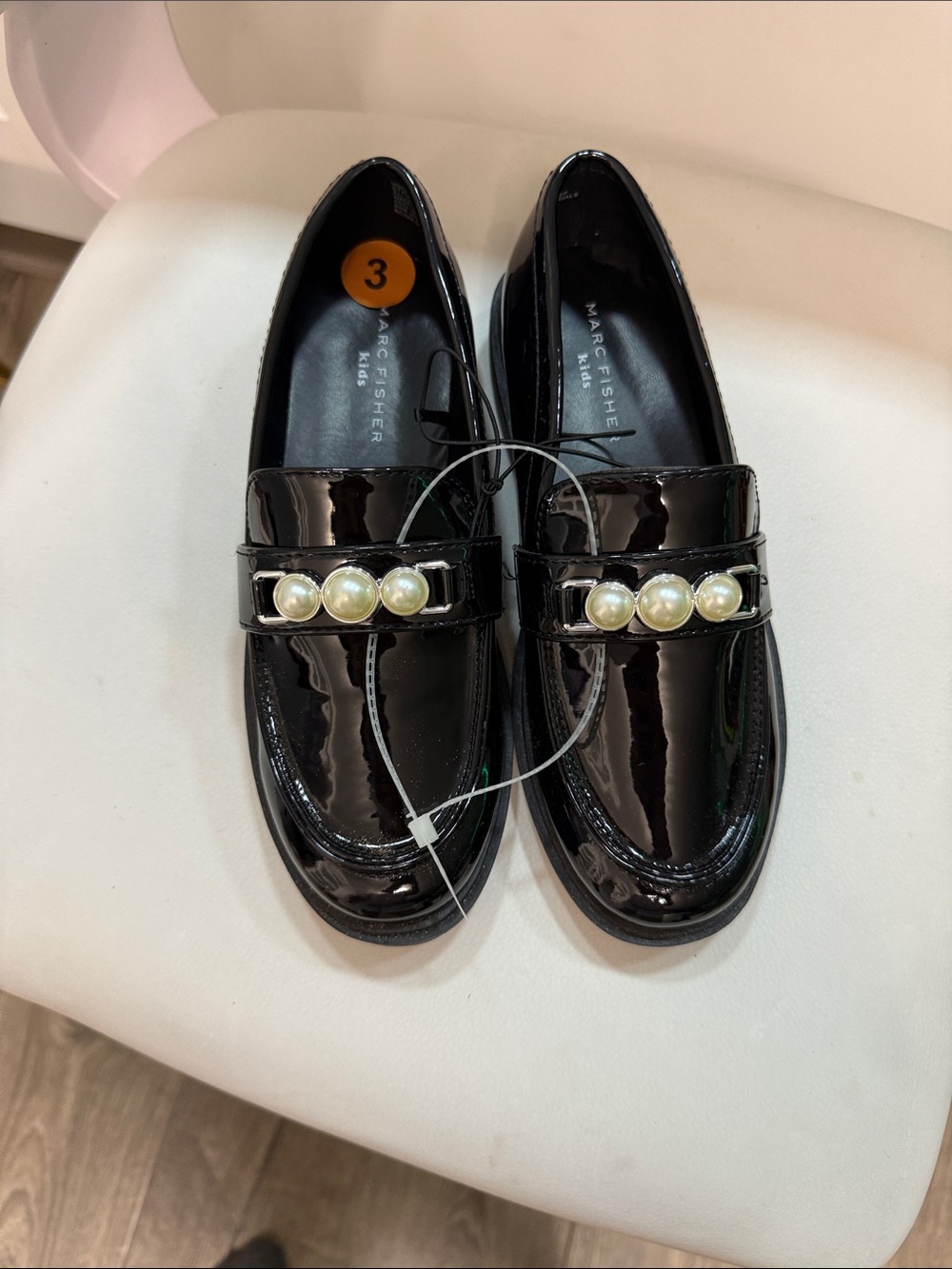 Marc Fisher Black Patent Loafers with Pearl Accent
